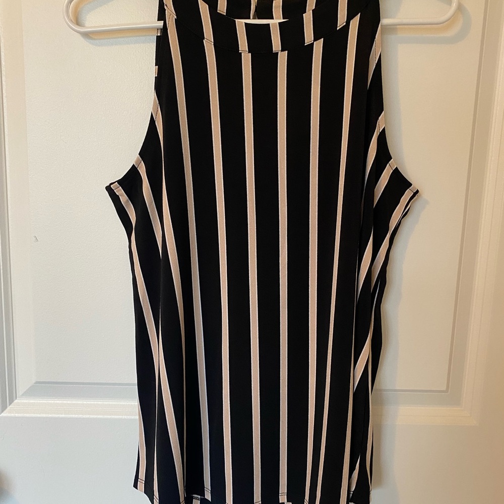 Adrianna Papell Black and Cream Striped Sleeveless Halter Top
